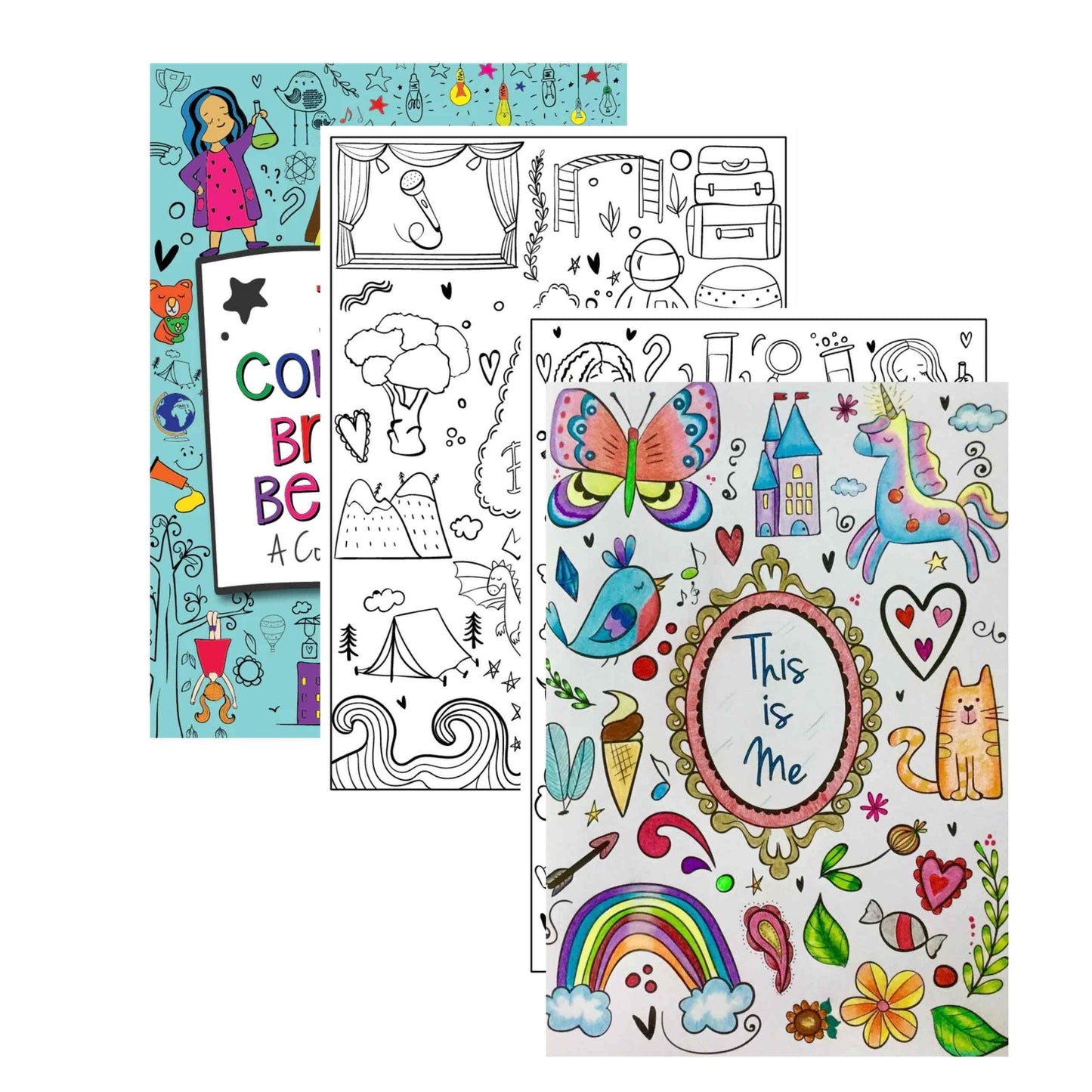 a set of three coloring books with different designs