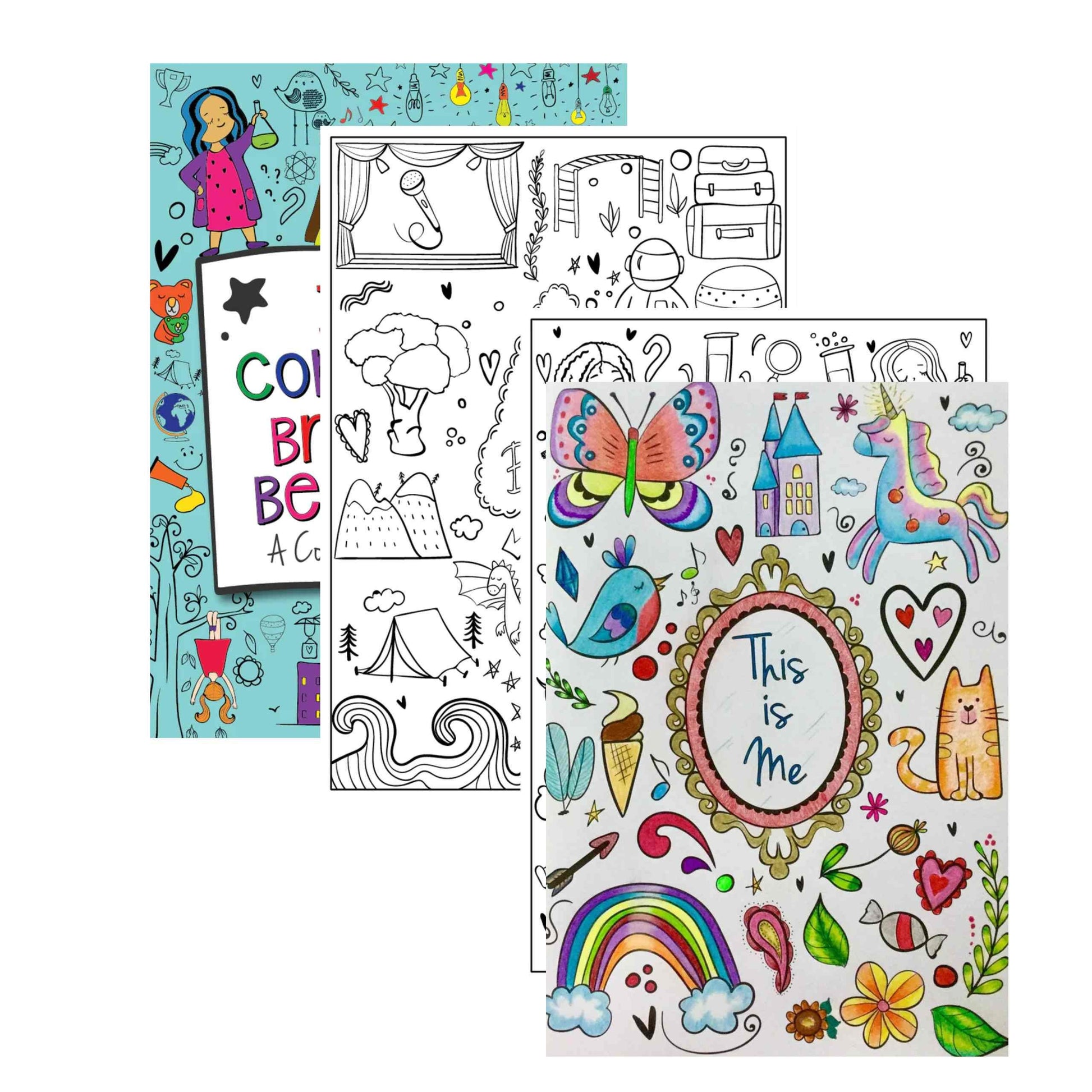 a set of three coloring books with different designs