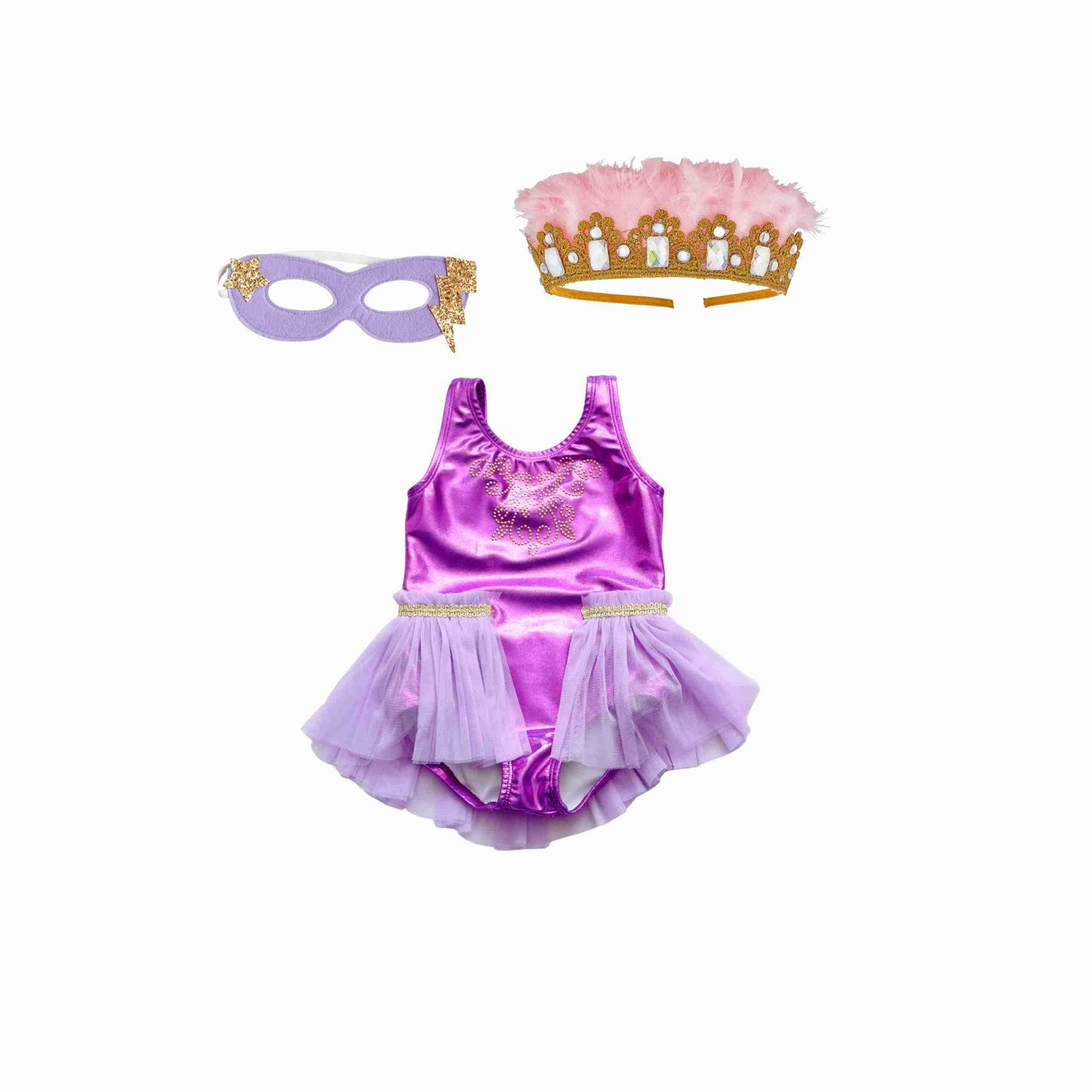a little girl wearing a purple dress and mask