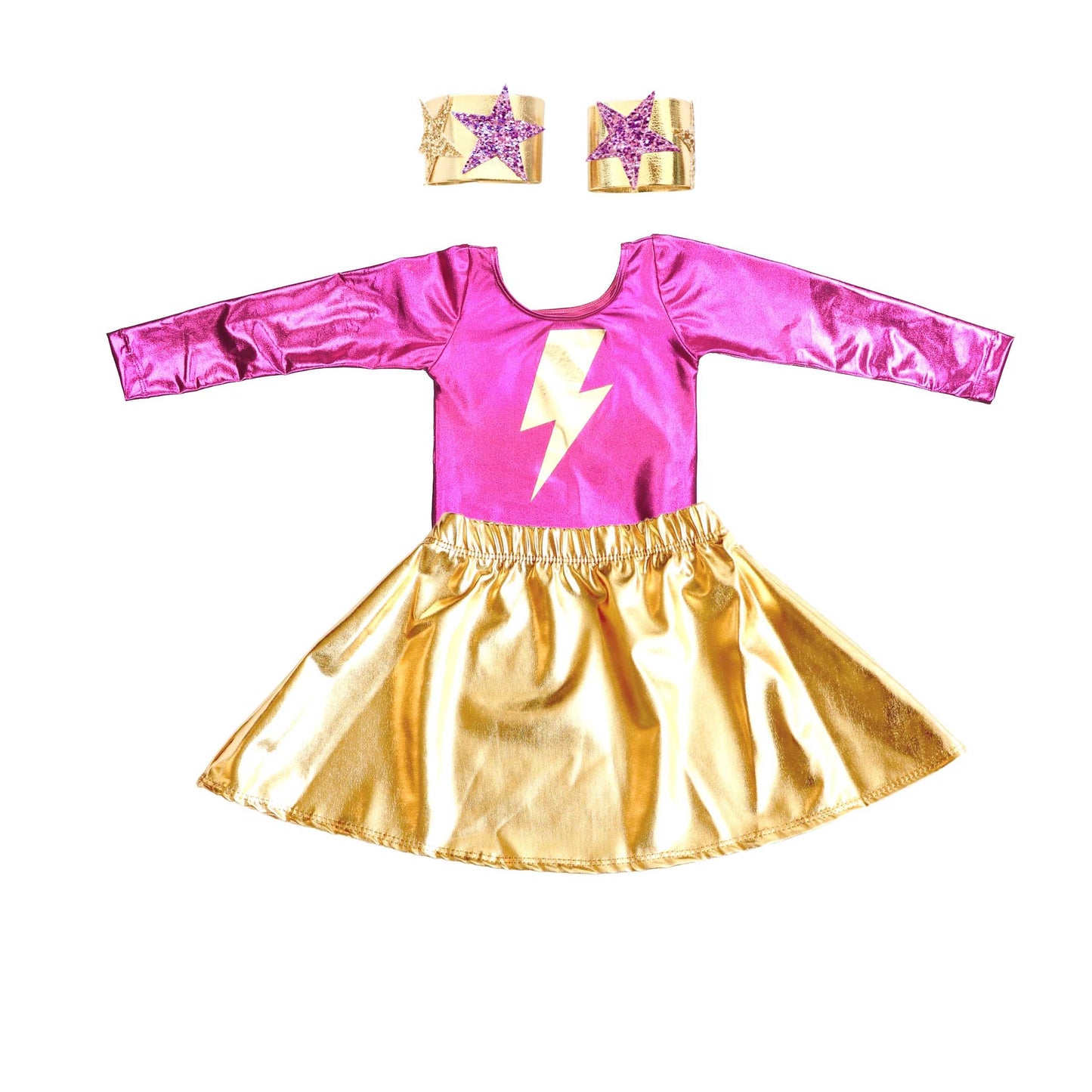 Super Hero Lightning Bolt Costume Set - Pink & Gold Long Sleeve (M Listing)