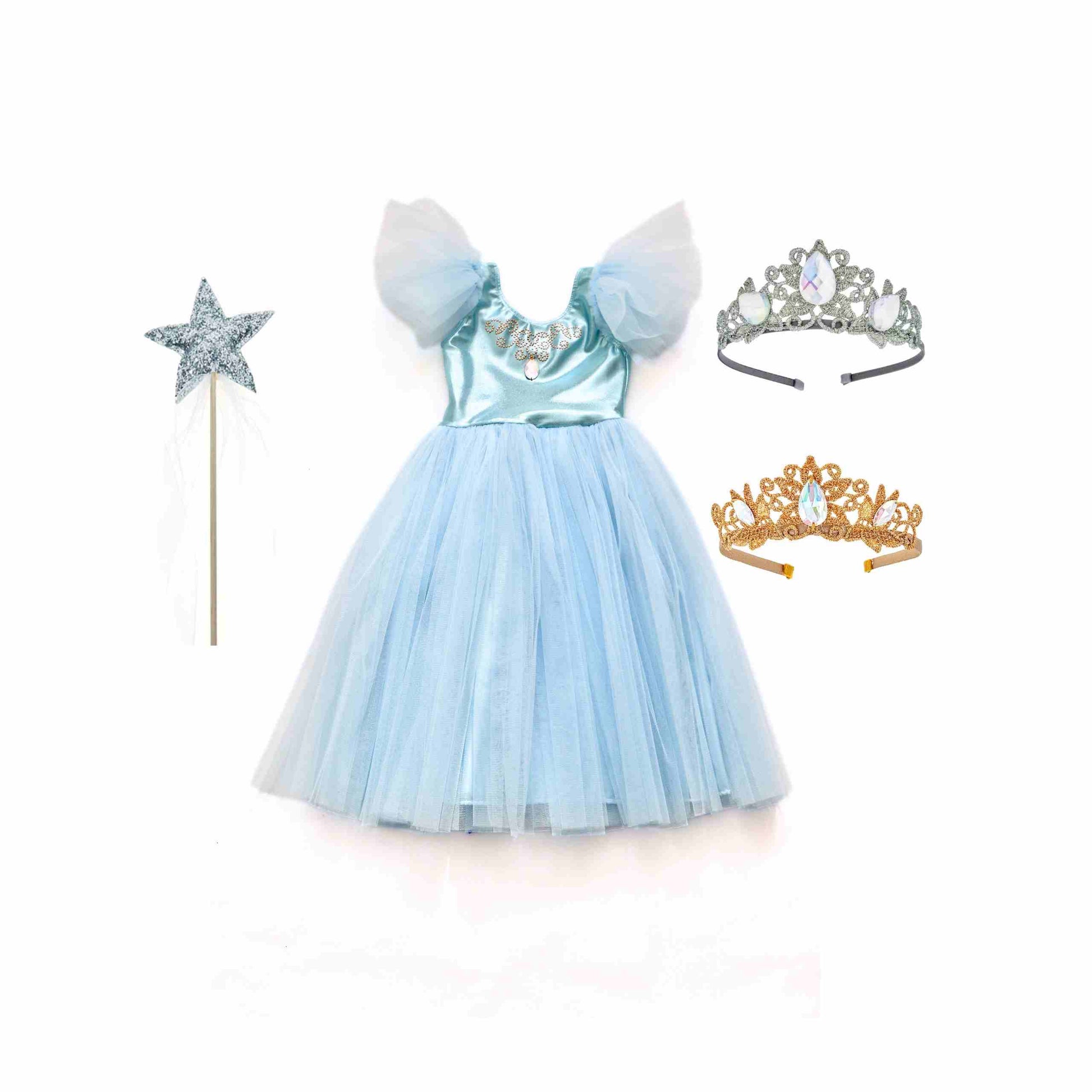 a little girl's blue dress and tiara