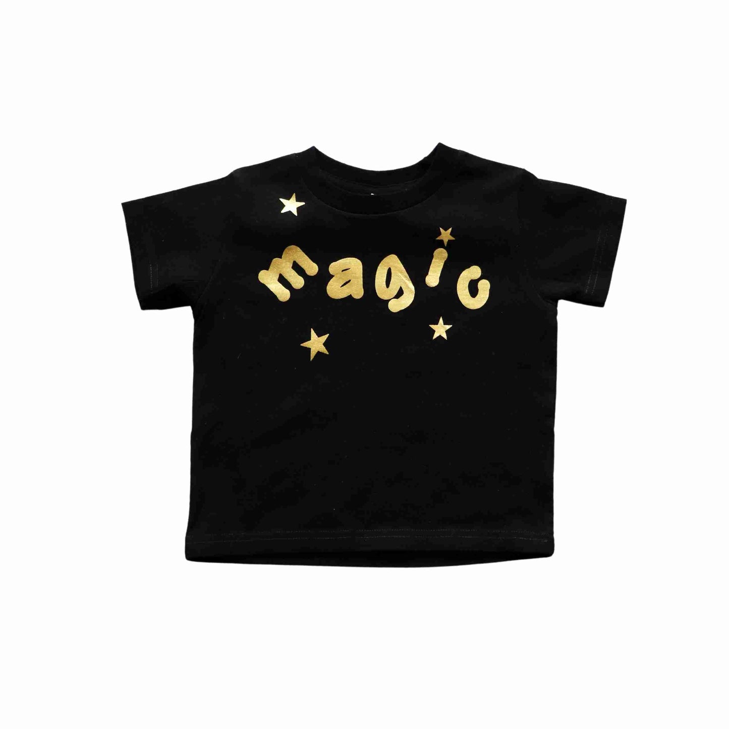 a black t - shirt with gold letters and stars