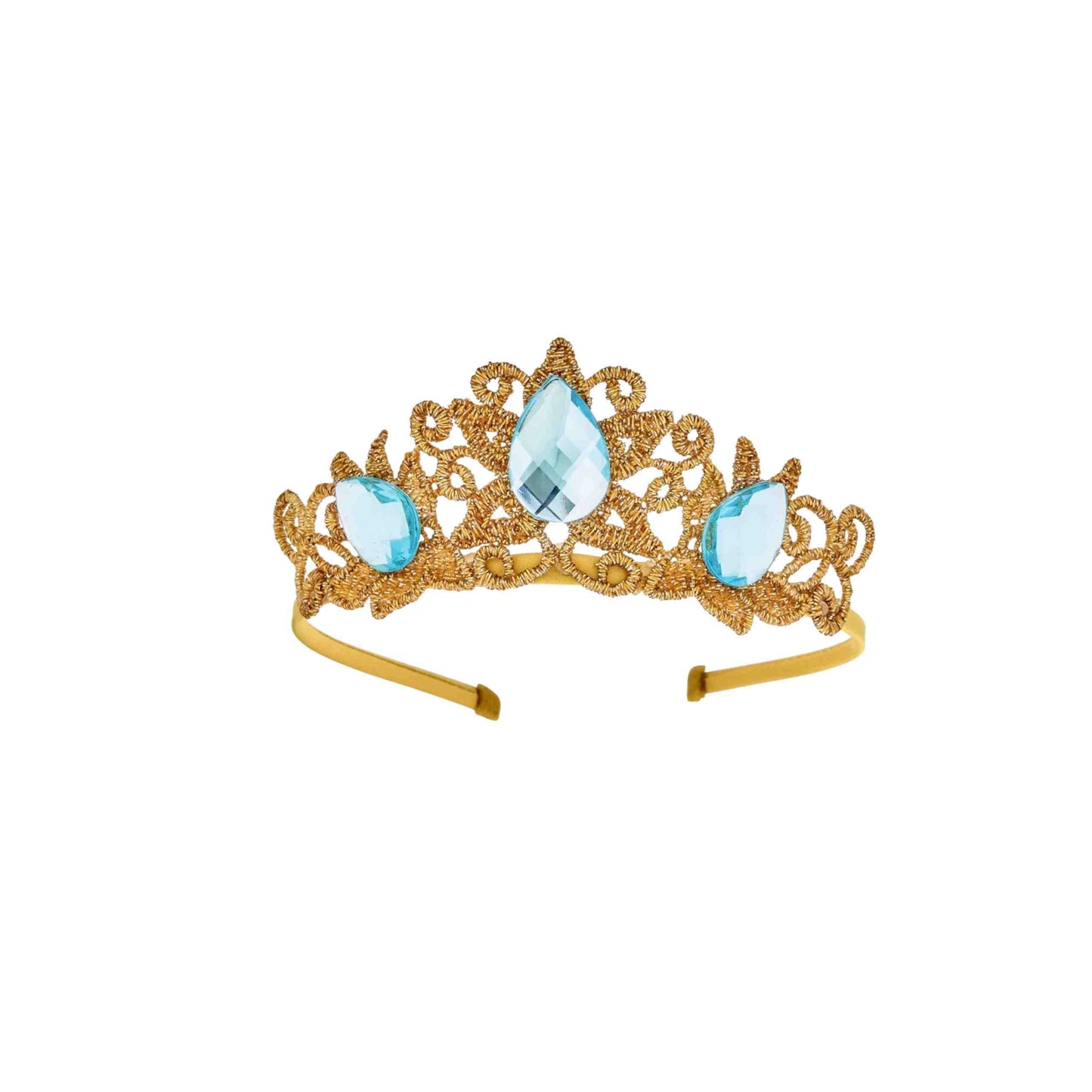 a gold tiara with blue stones on a white background