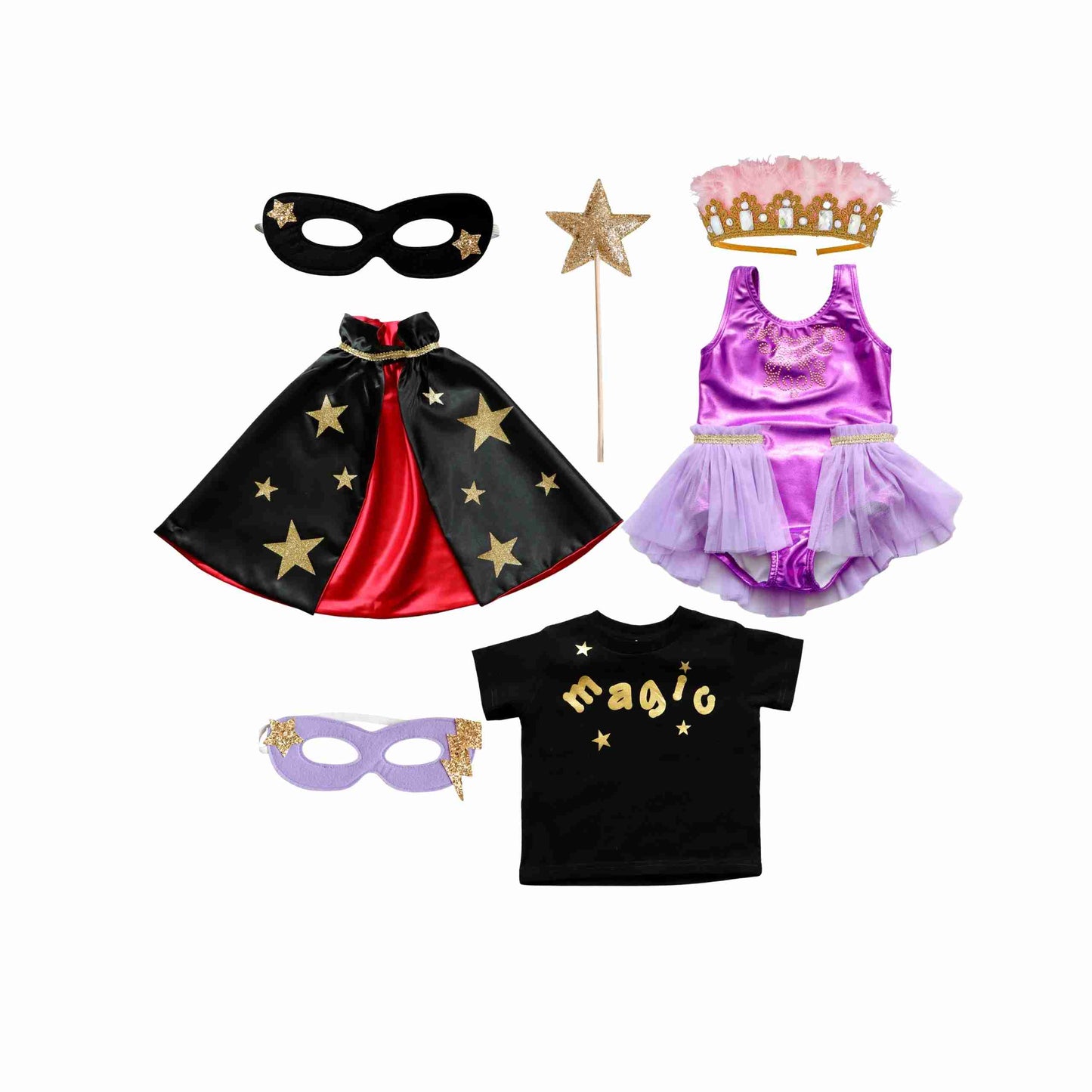 a little girl's costume and accessories are shown